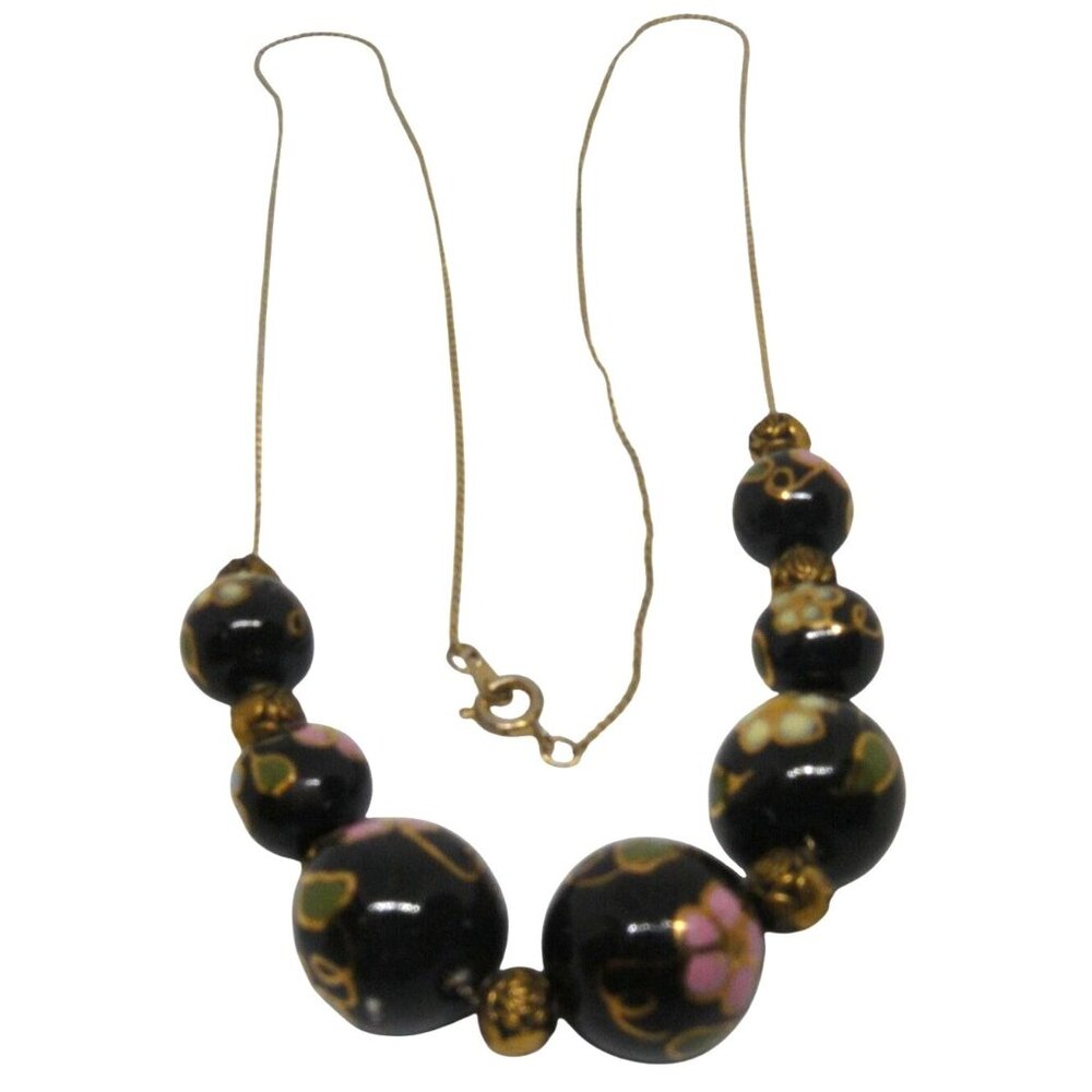 Vintage Cloisonné Black Bead Necklace with Floral Design, Gold Tone Chain Spacer